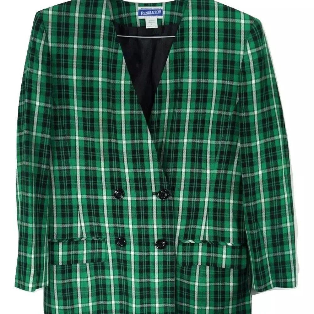 Pendleton Blazer Jacket Womens Size 12 Rayon Green Black White Plaid USA
Made